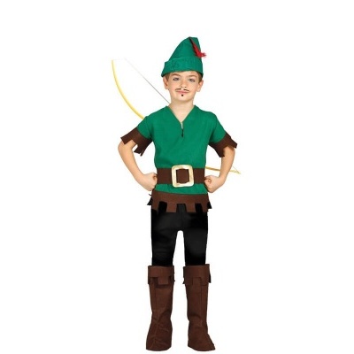 Fantasia infantil verde e castanha com chapéu, cinto, botas e arco