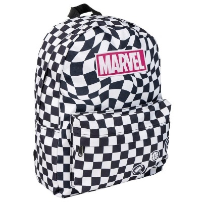 Mochila preta e branca com padrão xadrez distorcido e logótipo MARVEL vermelho