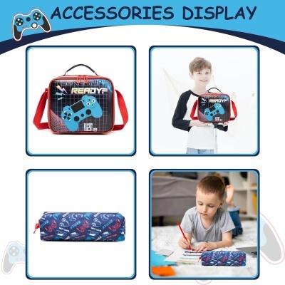 Bolsas e estojo com padrão de videojogos azuis para crianças