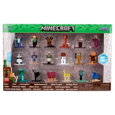 Embalagem com mini figuras de metal Minecraft coloridas e texto MINECRAFT
