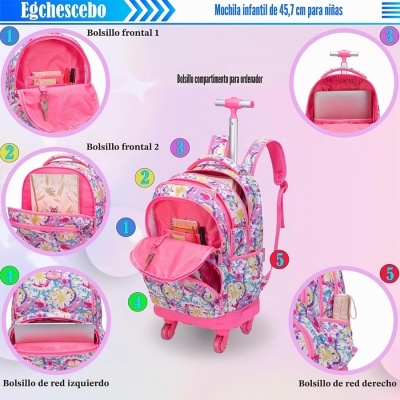Mochila infantil floral rosa com rodinhas e vários bolsos