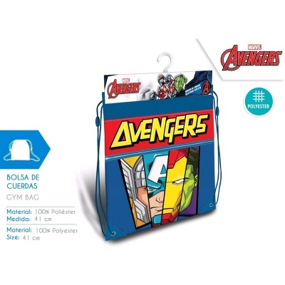 Bolsa de cordas azul com estampado dos Avengers e texto AVENGERS em amarelo