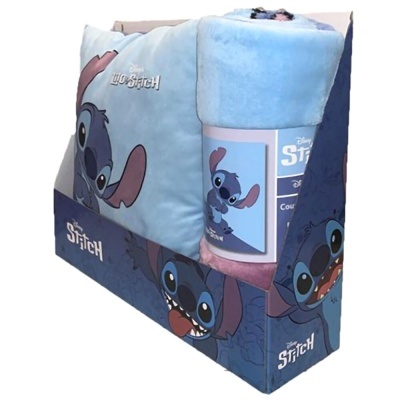 Manta e almofada Stitch da Disney em embalagem azul com imagens do personagem