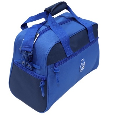 Mala de viagem pequena azul e azul escuro com bolso lateral e alça reforçada