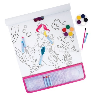 Bloco de atividades para colorir com figura de sereia e acessórios de pintura