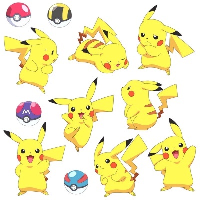 Desenhos coloridos de Pikachu e Pokébolas variadas