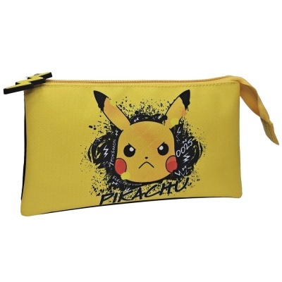 Estojo amarelo com imagem do Pikachu zangado usando auscultadores pretos