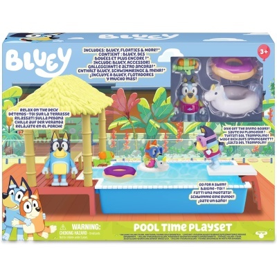 Conjunto de brinquedos piscina Bluey com figuras e acessórios em embalagem colorida