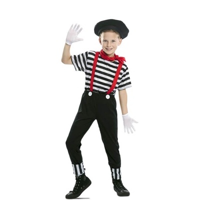 Fato de mímico ou palhaço infantil com riscas e acessórios vermelhos e pretos