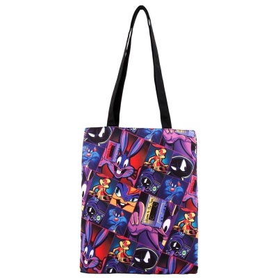 Saco de tecido com padrão colorido Looney Tunes e alças pretas