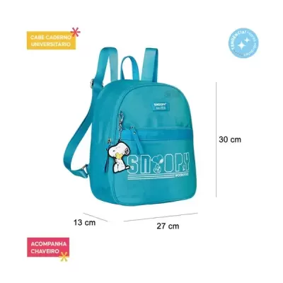 Mochila universitária azul turquesa com Snoopy e chaveiro