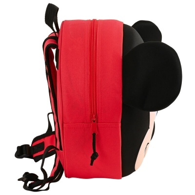 Mochila infantil vermelha e preta com rosto do Mickey Mouse