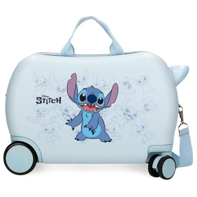 Mala de viagem infantil azul claro com desenho do Stitch e rodas.