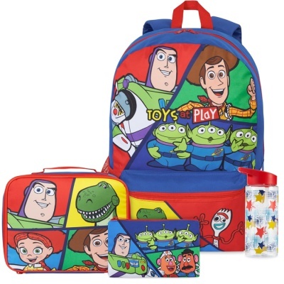 Conjunto de mochila, lancheira, carteira e garrafa com personagens de Toy Story em cores vibrantes