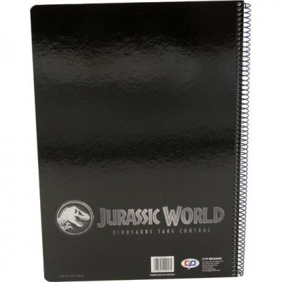 Caderno espiral preto com logotipo Jurassic World prateado