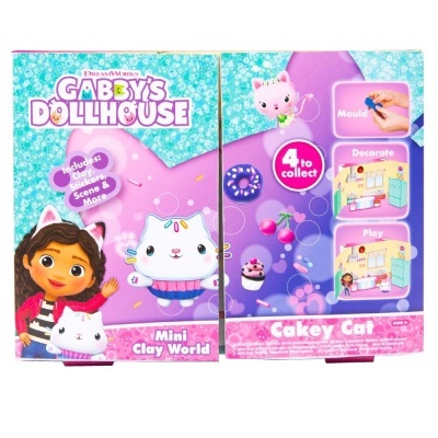 Embalagem colorida com gato de argila branco e personagem de desenho animado, texto Gabby's Dollhouse Mini Clay World