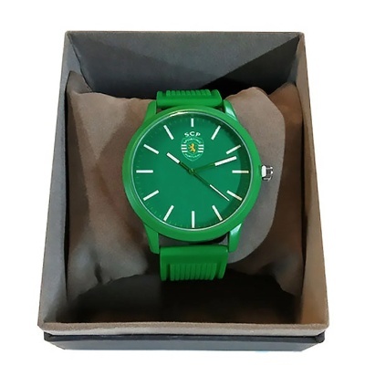 Relógio verde SCP numa caixa cinzenta com almofada castanha