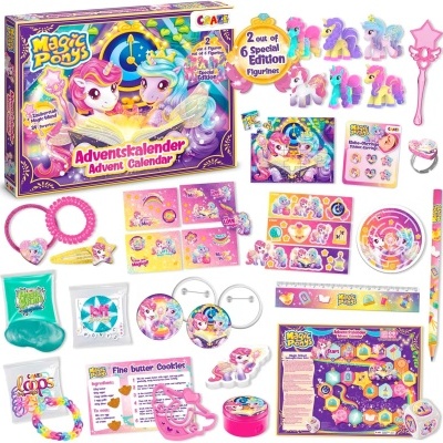 Calendário do advento Magic Ponys com figuras de pónis, acessórios coloridos e caixa decorada