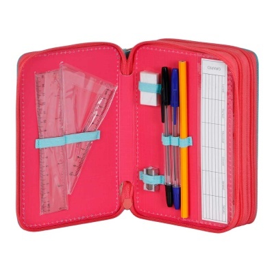 Estojo escolar vermelho aberto com material escolar e ficha de controlo