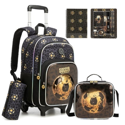 Conjunto escolar com mochila de rodinhas, bolsa térmica e estojo com tema de futebol em tons cinza e amarelo