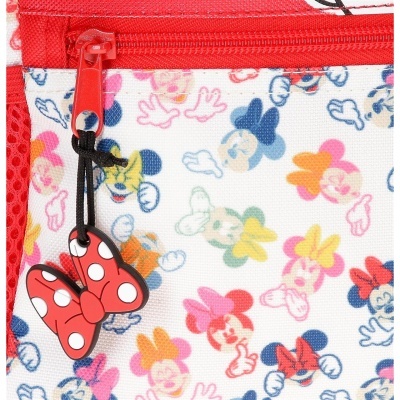 Mochila colorida com padrão de Minnie Mouse e puxador em forma de laço