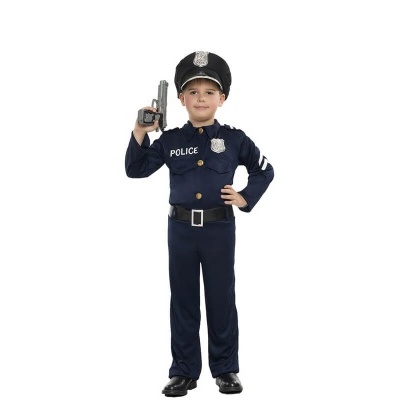 Fato de polícia azul escuro em criança com chapéu e pistola de brinquedo.