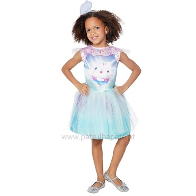 vestido infantil de tule azul e corpo branco com estampa de gato