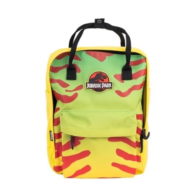Mochila colorida com padrão verde, amarelo e vermelho e logótipo Jurassic Park