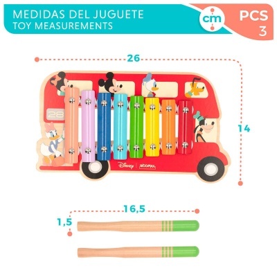Xilofone autocarro vermelho com personagens da Disney e duas baquetas de madeira