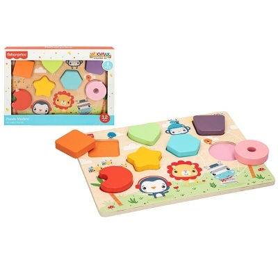 Brinquedo de encaixe de madeira com formas geométricas coloridas e imagens de animais