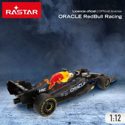 Modelo de carrinho F1 ORACLE RedBull Racing preto com detalhes vermelho e amarelo
