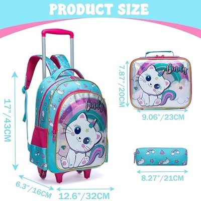 Conjunto escolar azul e rosa com imagem de gato branco e texto Candy