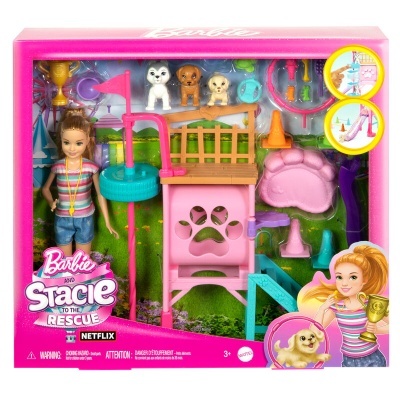 Conjunto de brinquedo Barbie and Stacie to the Rescue com boneca, cães e acessórios em embalagem rosa