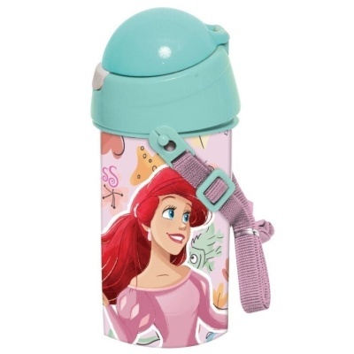 Garrafa infantil com tampa azul e imagem da personagem Ariel