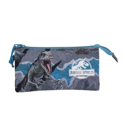 Estojo azul e cinza com dinossauro e logótipo 