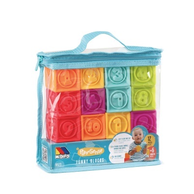 Blocos de brincar coloridos para bebé na bolsa transparente com fecho azul claro