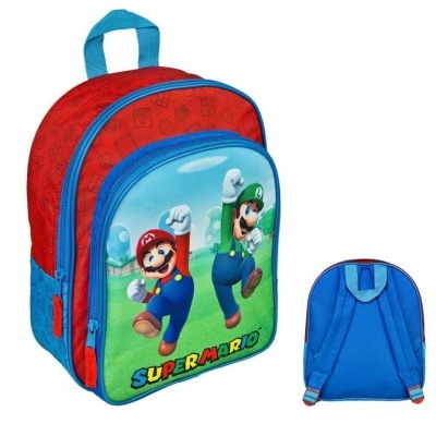 Mochila infantil vermelha e azul com imagem de Super Mario e Luigi