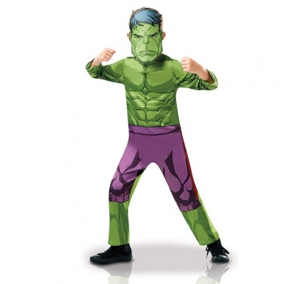 Fantasia infantil do Hulk verde com calças roxas e máscara correspondente