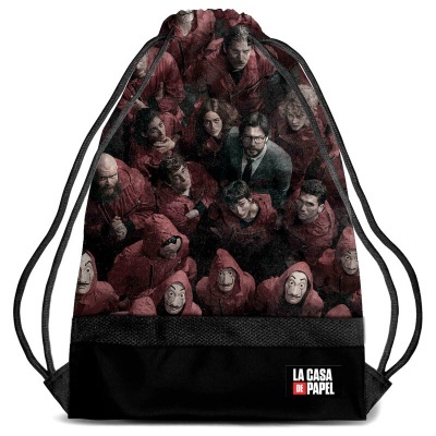 Mochila saco temática La Casa de Papel com grupo de personagens e texto