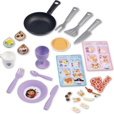 Conjunto de brinquedo de cozinha com frigideira, talheres, prato e adesivos