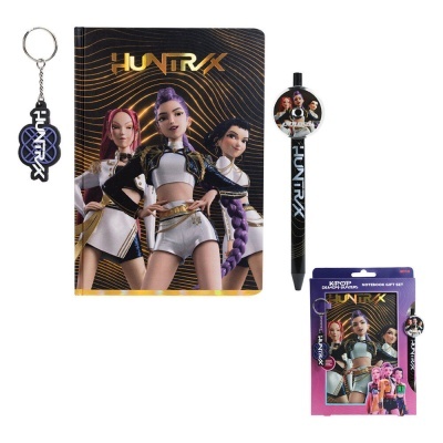Conjunto de caderno, caneta e chaveiro HUNTRAX com personagens femininas e embalagem colorida.