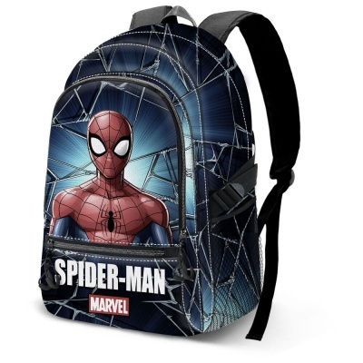 Mochila azul com imagem do Spider-Man e texto Marvel