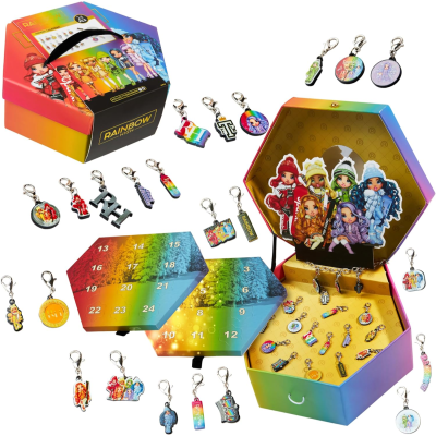 Caixa hexagonal rainbow com chaveiros coloridos e números