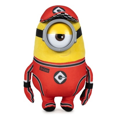 Peluche de Minion vestido de piloto de corrida vermelho e preto com boné