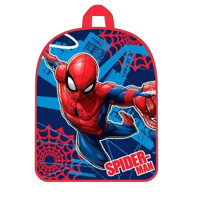 Mochila azul e vermelha com estampa do Homem-Aranha e teias de aranha