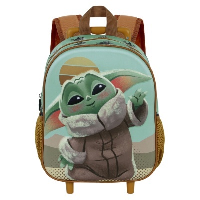 Mochila infantil azul clara com Baby Yoda e rodas