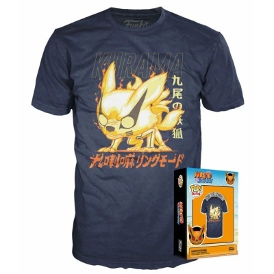T-shirt azul escura com estampa da personagem Kurama e texto em inglês e japonês, com embalagem ao lado.