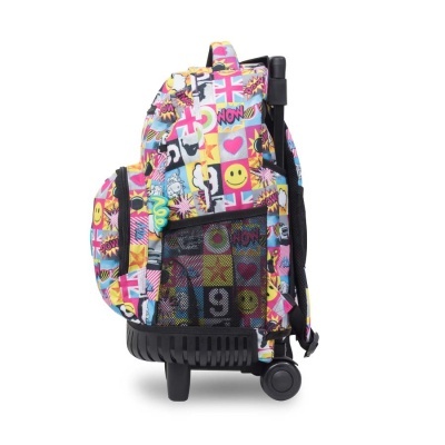 Mochila colorida com padrão de emojis, palavras e desenhos, com rodas e bolso em rede preta