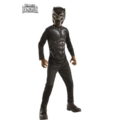 Fantasia Black Panther preta com máscara e textura muscular