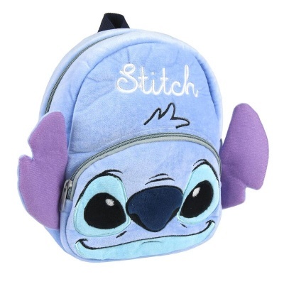 Mochila infantil azul clara com rosto do Stitch e orelhas roxas